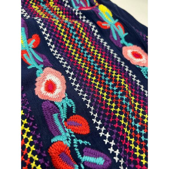 BOHO BLOSSOM MAXI CREPE Linen Blend Gauzy DRESS NAVY Floral EMBROIDERY Medium - Picture 9 of 13